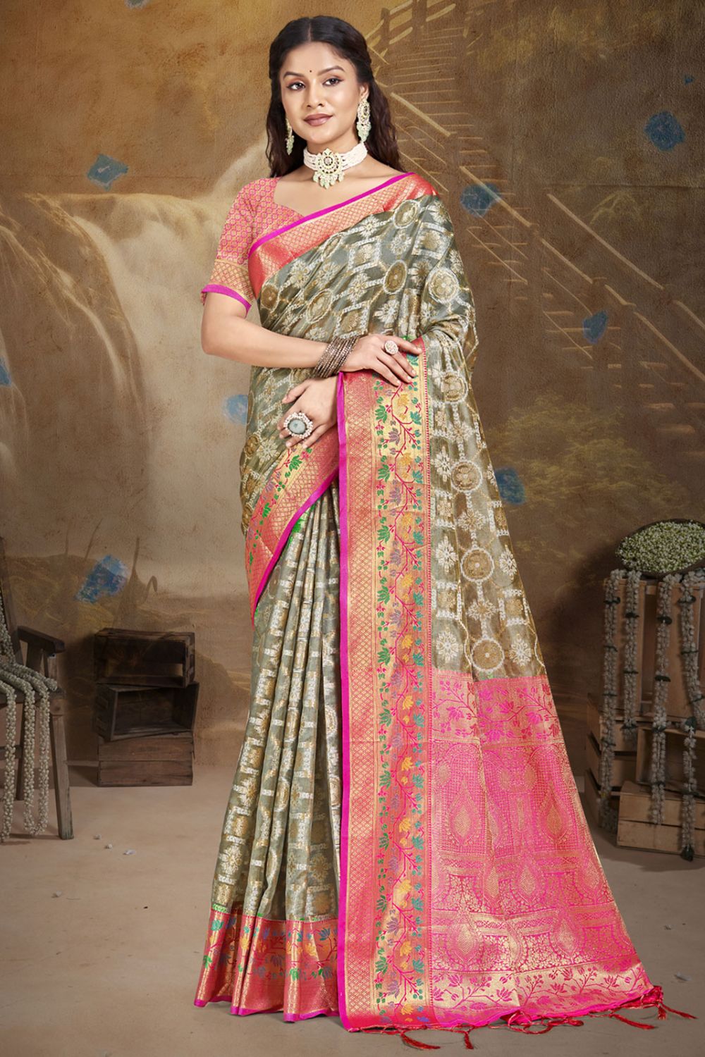 Grey Silk Woven Work Saree