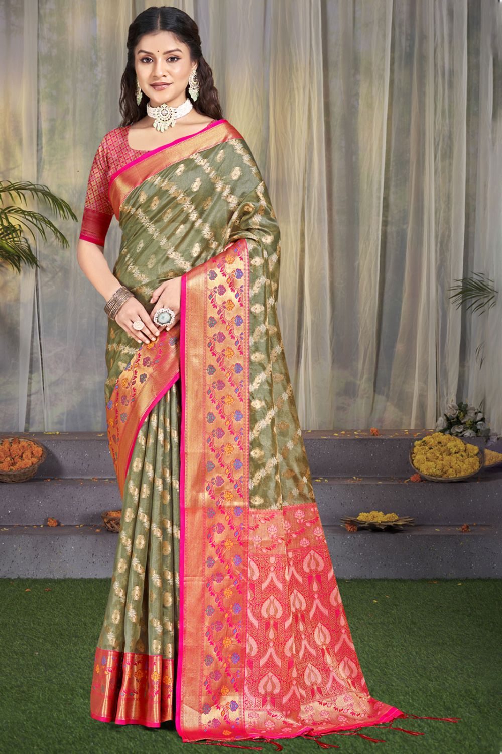 Grey Silk Woven Work Saree