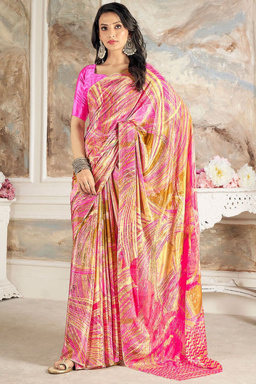 Hot Pink Digital Print Silk Crepe Saree for Party