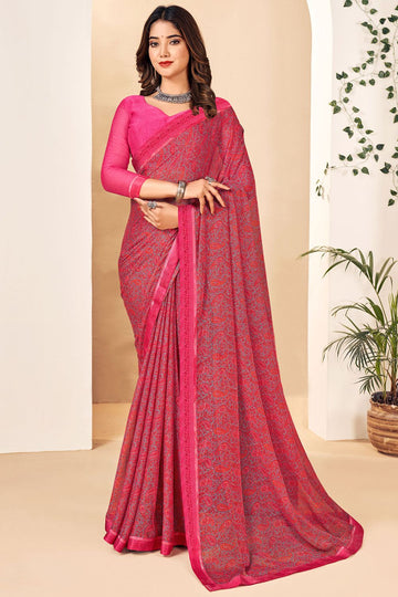 Hot Pink Printed Chiffon Casual Wear Saree