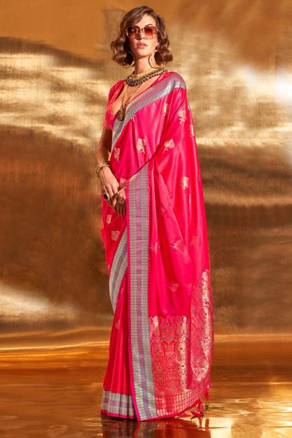 Hot Pink Pure Satin Chaap Handloom Silk Saree for Party