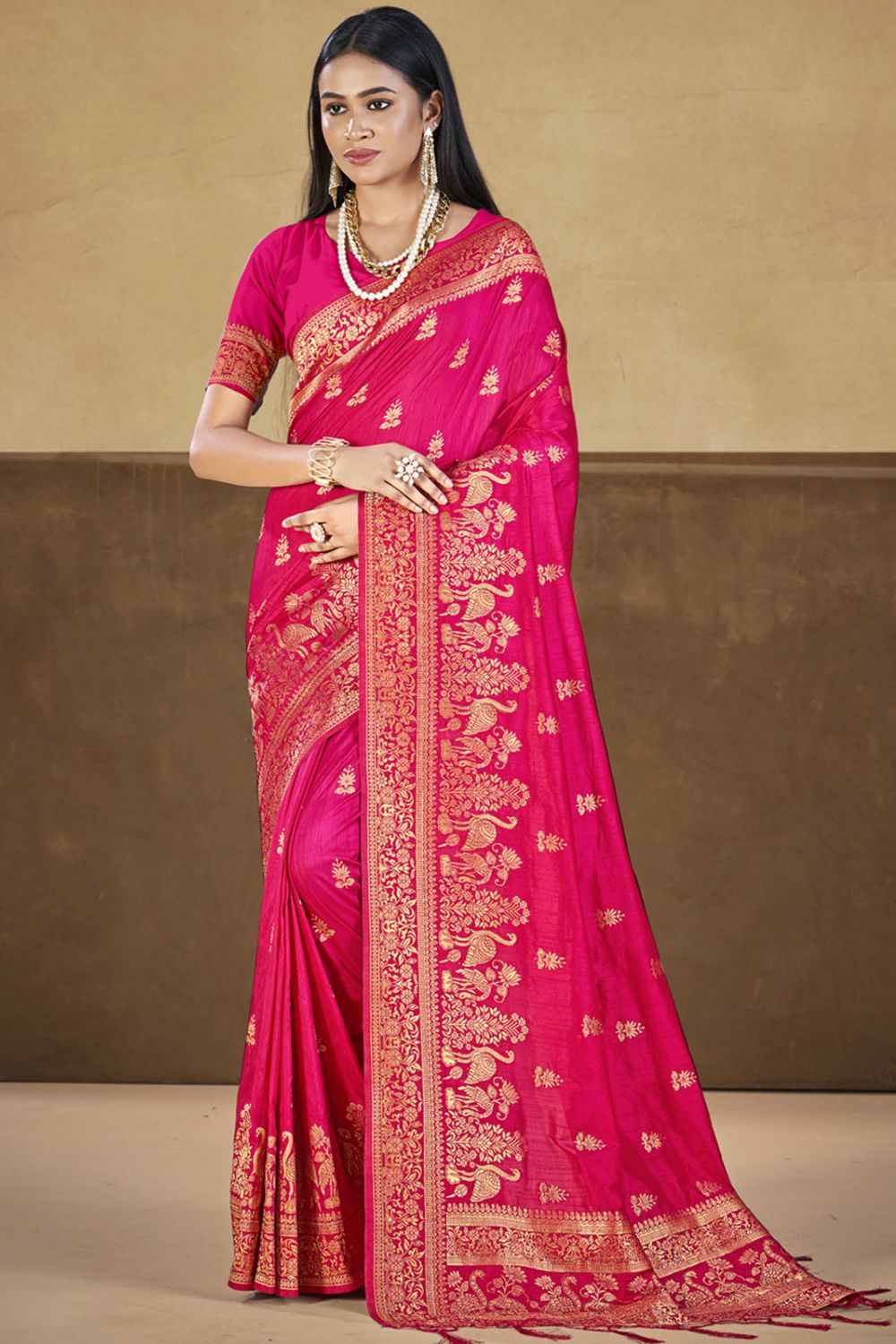 Hot Pink Silk Woven Work Saree