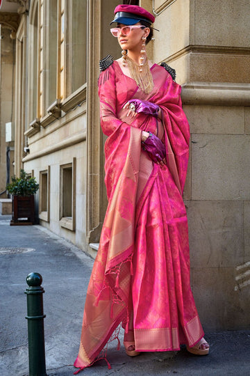 Hot Pink Woven Handloom Organza Saree for Party