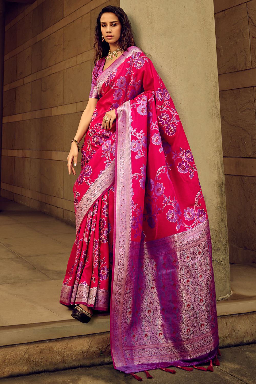 Hot Pink Zari Woven Satin Brasso Party Wear Saree