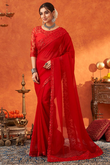 Hot Red Designer Chiffon Silk Saree