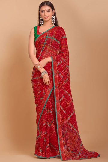 Hot Red Digital Printed Chiffon Casual Wear Saree