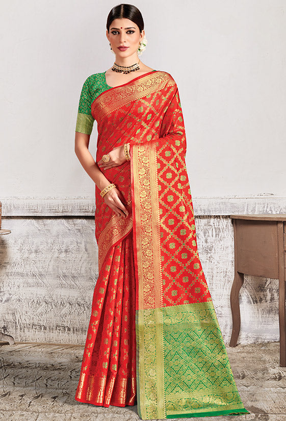 Hot Red Patola Silk Party Wear Saree with Contrast Blouse