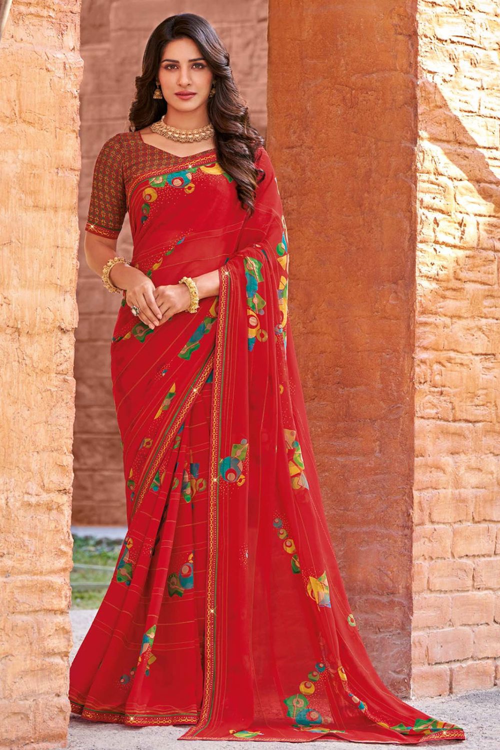 Hot Red Printed Georgette Casual Saree