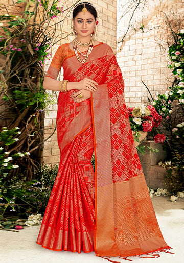 Hot Red Woven Silk Saree for Party