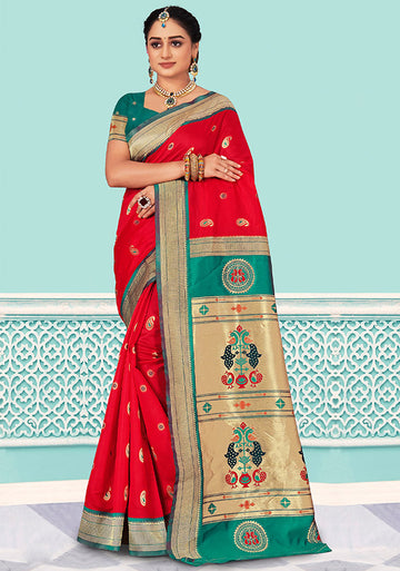 Hot Red Woven Silk Saree for Party