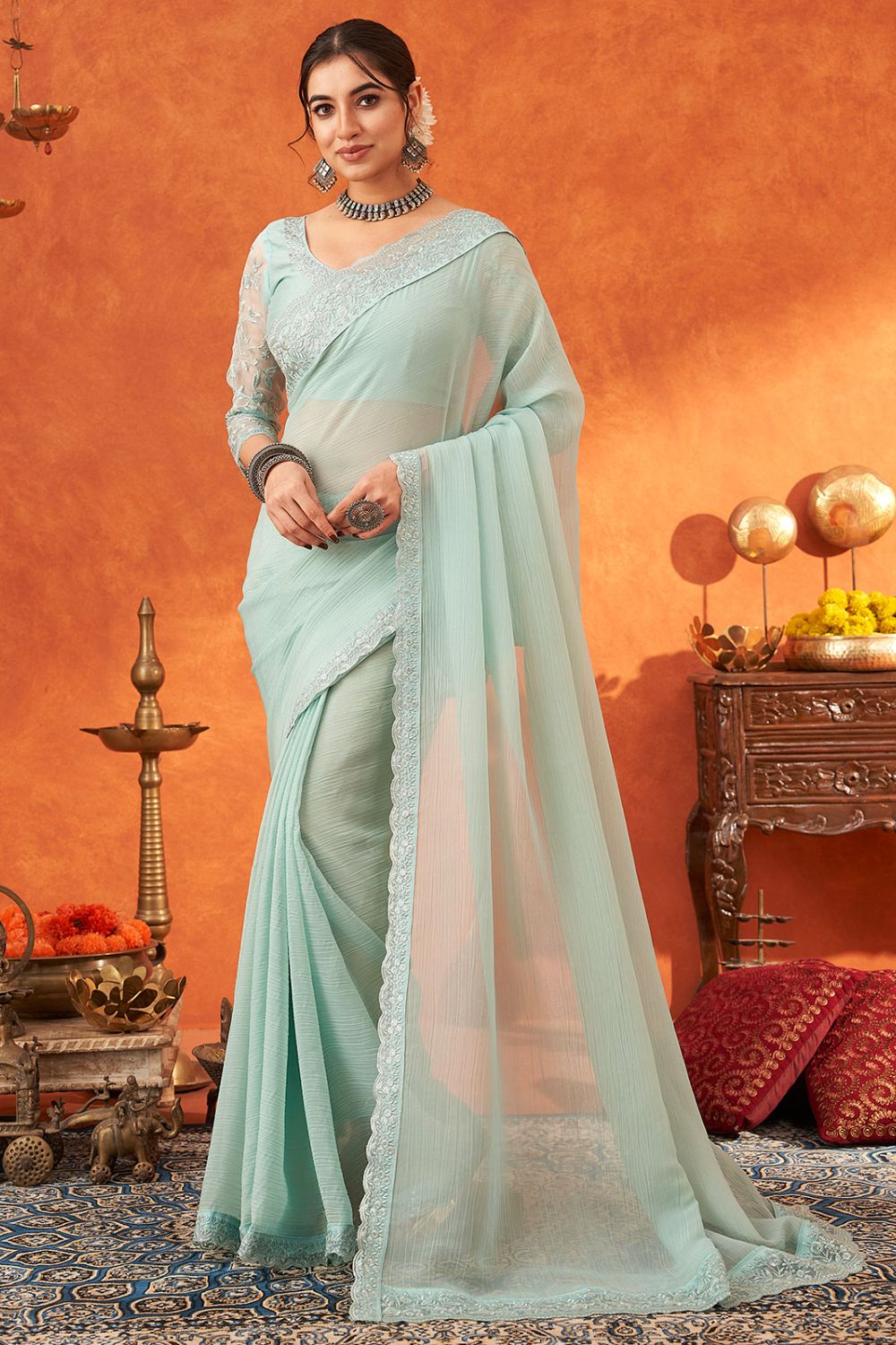 Ice Blue Designer Chiffon Silk Saree