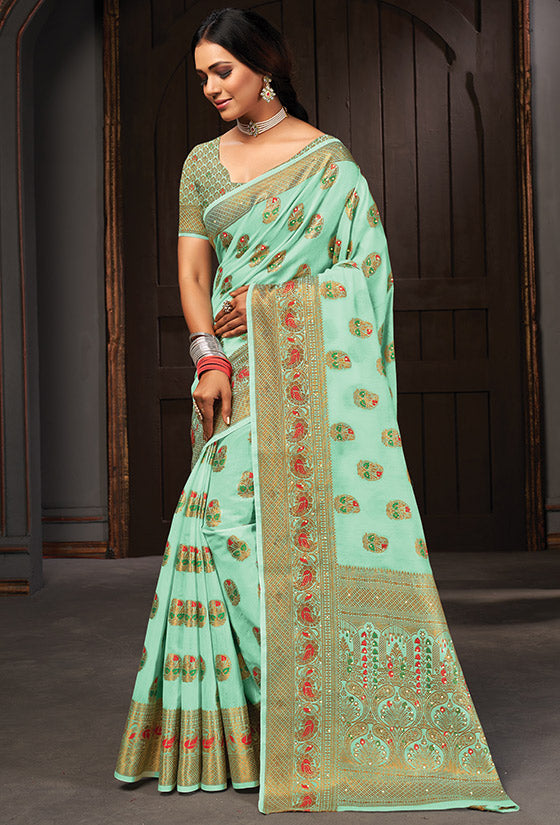 Ice Mint Embellished Cotton Saree for Festival