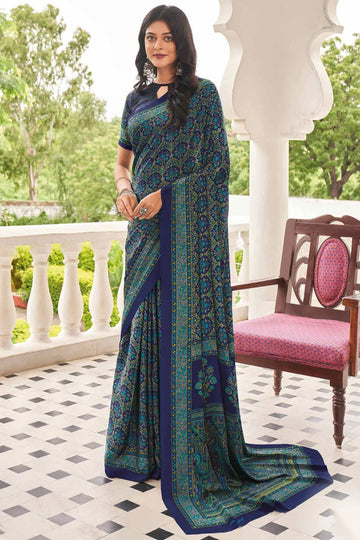 Indigo Blue Crepe Casual Wear Saree