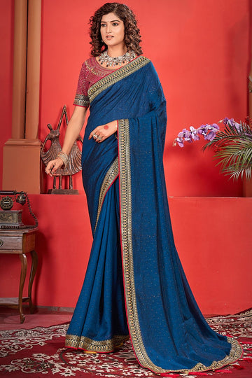 Indigo Blue Silk Saree with Embroidered Border