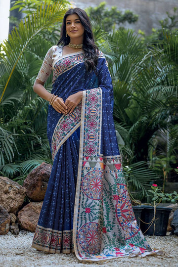 Indigo Printed Tussar Silk Digital Printed Saree