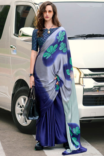 Ink Blue and Grey Digital Print Satin Saree