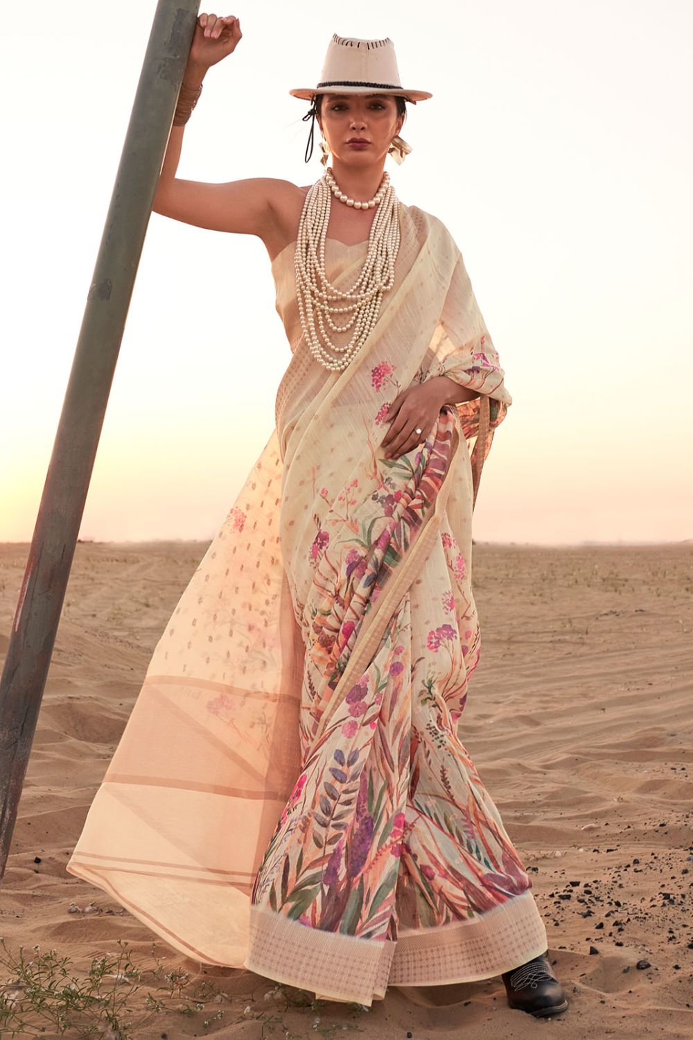 Ivory Digital Print Linen Saree for Festival