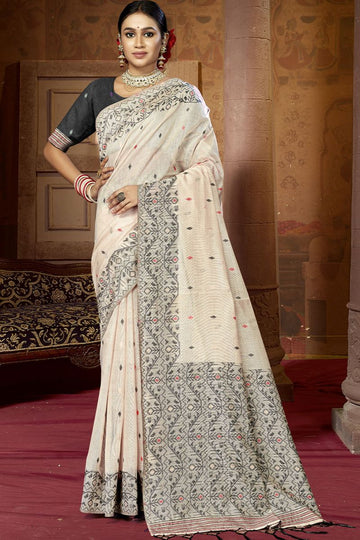 Ivory Cotton Emboss Print Work Saree