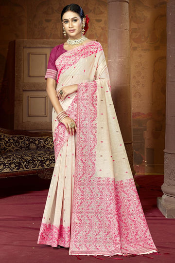 Ivory Cotton Emboss Print Work Saree