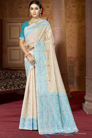 Ivory Cotton Emboss Print Work Saree