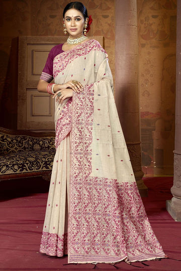 Ivory Cotton Emboss Print Work Saree