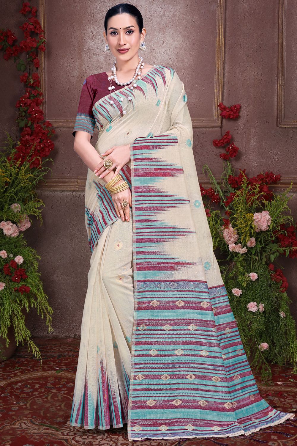 Ivory Printed Cotton Saree