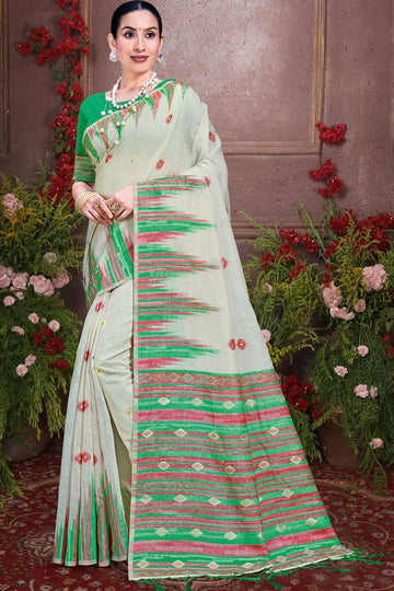 Ivory Cotton Printed Saree