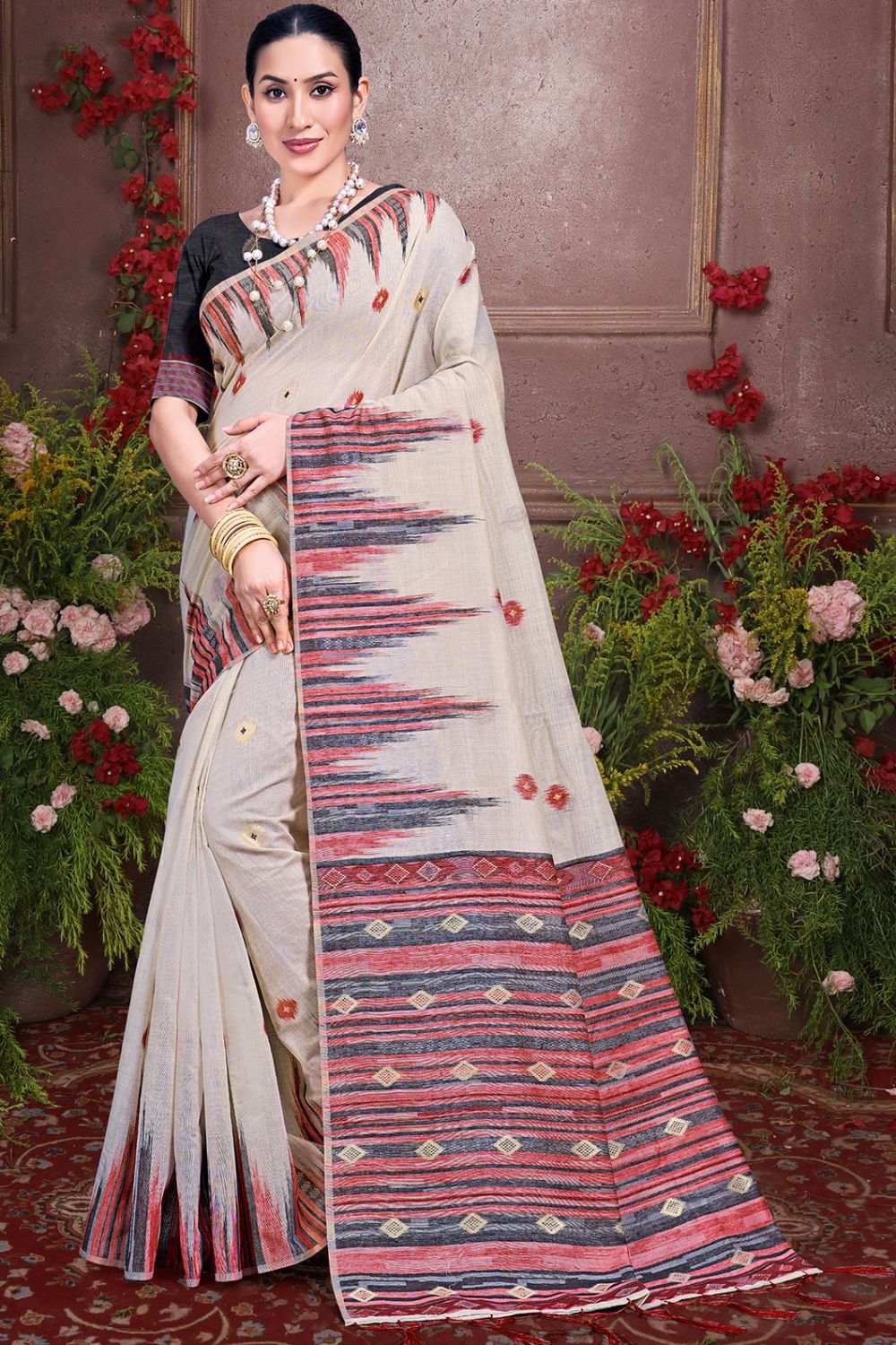 Ivory Printed Cotton Saree