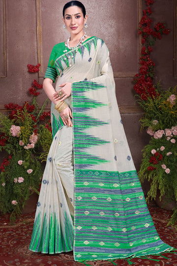 Ivory Cotton Printed Saree