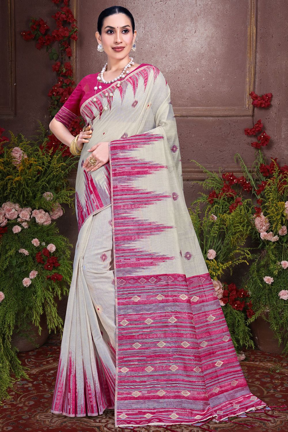 Ivory Printed Cotton Saree