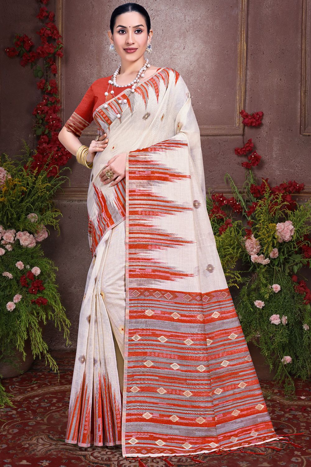 Ivory Printed Cotton Saree