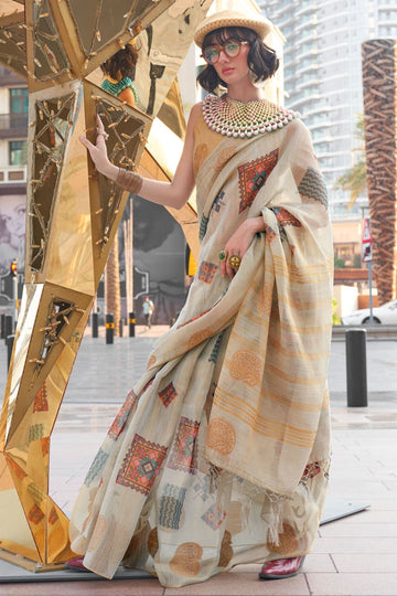 Ivory Printed Zari Tissue Saree for Party