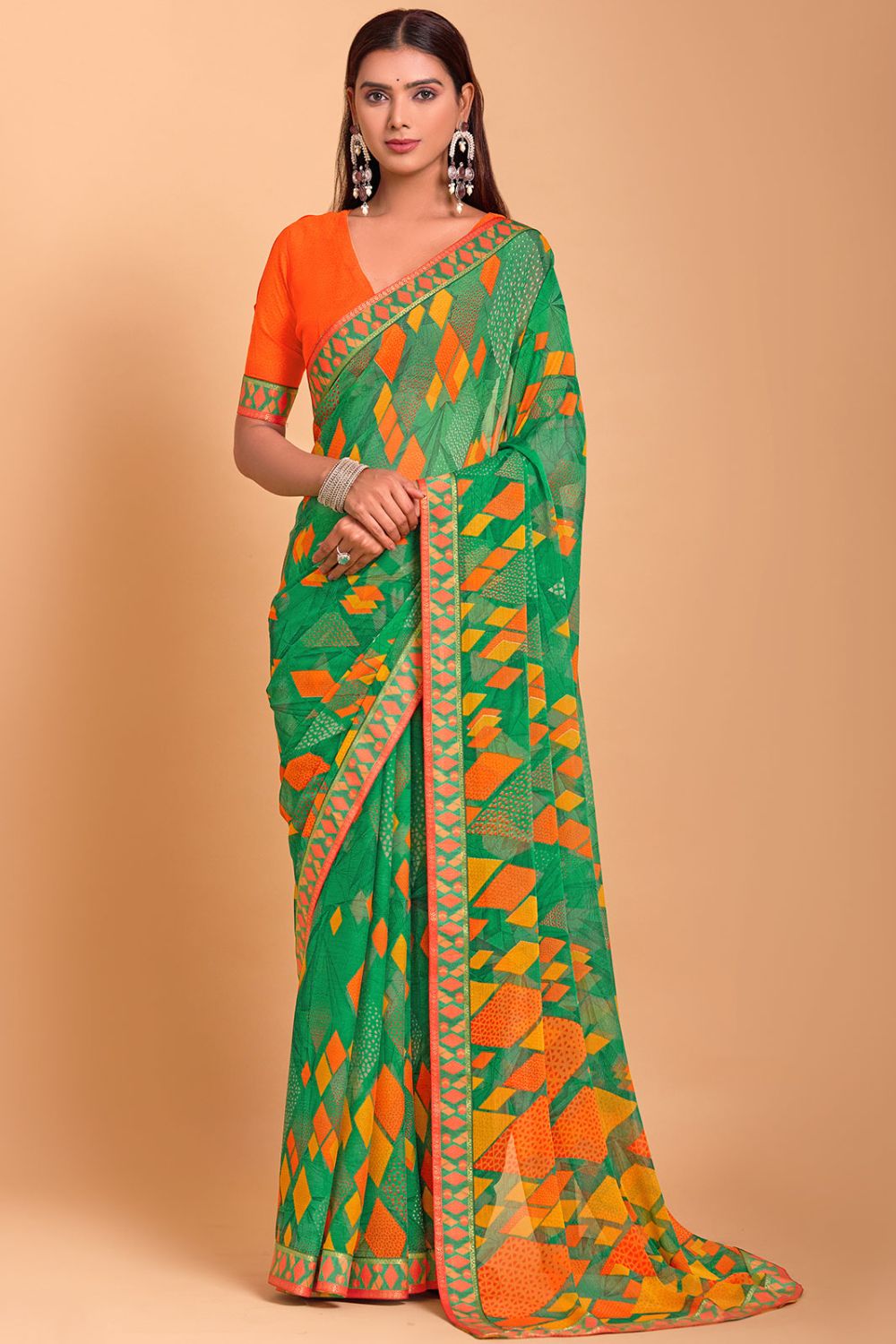 Kelly Green Digital Printed Chiffon Casual Wear Saree