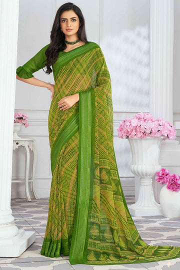 Kelly Green Georgette Saree with Digital Print