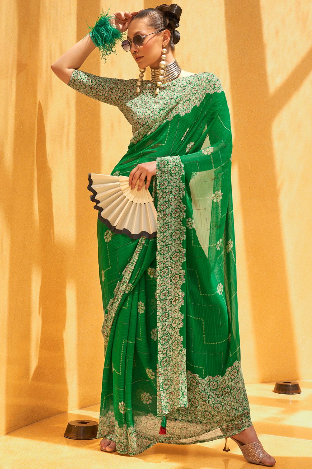 Kelly Green Georgette Saree with Foil Print