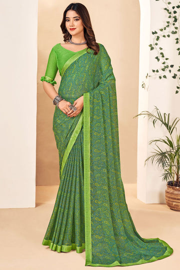 Kelly Green Printed Chiffon Casual Wear Saree