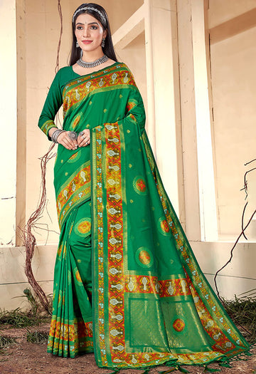 Kelly Green Woven Organza Saree for Party