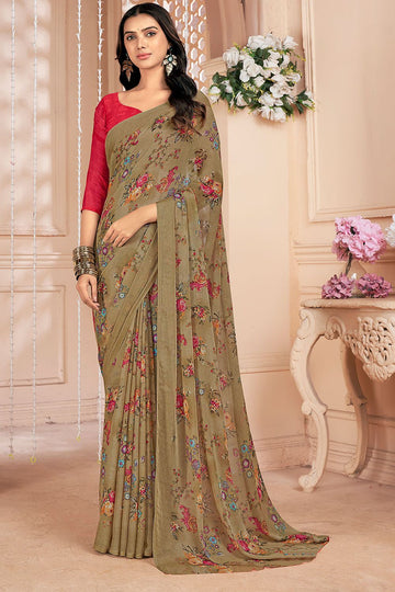 Khakhi Brown Chiffon Printed Casual Wear Saree