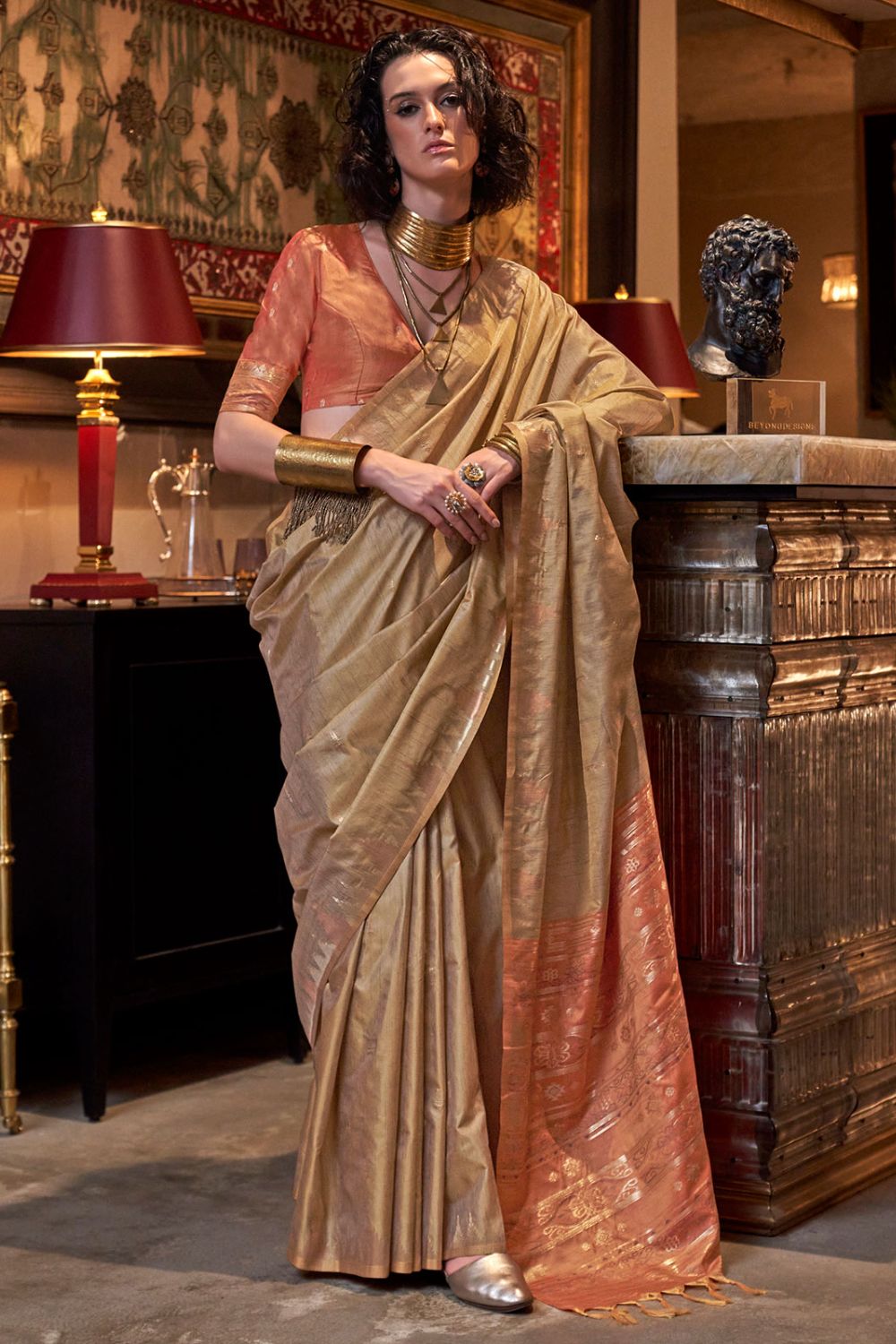 Khaki Handloom Weaving Tussar Silk Saree for Festival