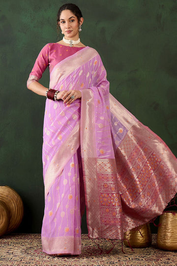 Lavender Cotton Woven Party Wear Saree