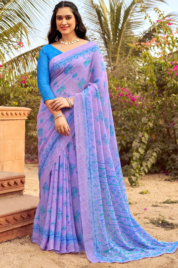 Lavender Digital Printed Chiffon Casual Wear Saree