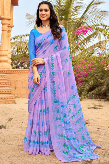 Lavender Digital Printed Chiffon Casual Wear Saree