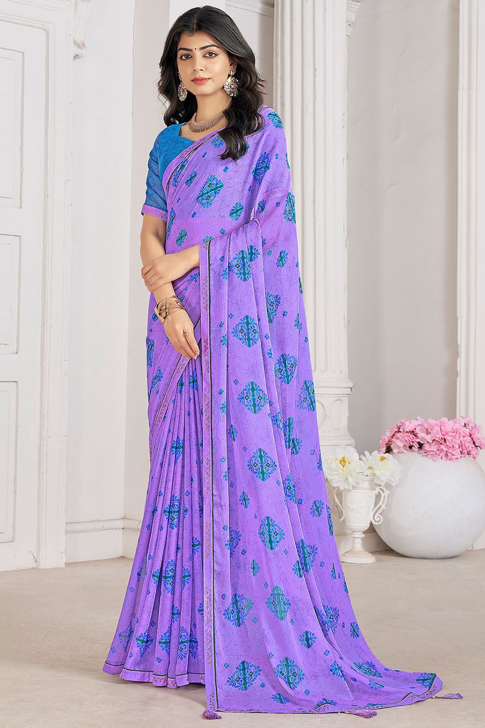 Lavender Digital Printed Chiffon Casual Wear Saree