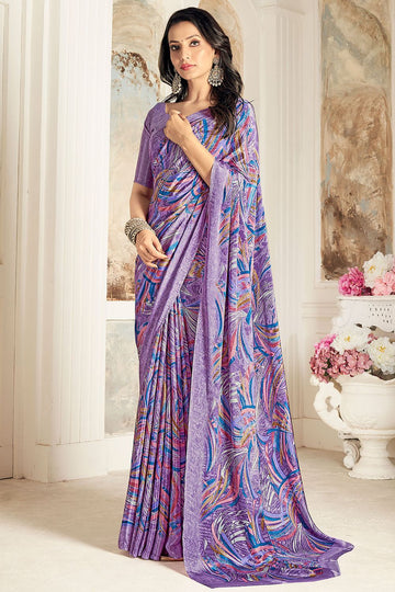 Lavender Digital Print Silk Crepe Saree for Party