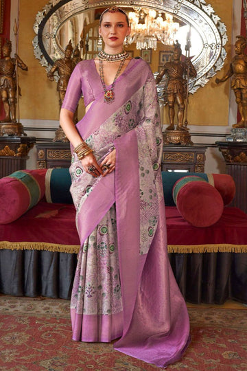 Lavender Tussar Silk Saree with Digital Print