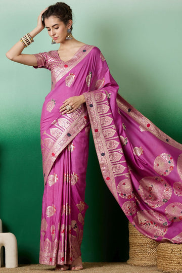 Lavender Dola Jacquard Zari Woven Saree for Party