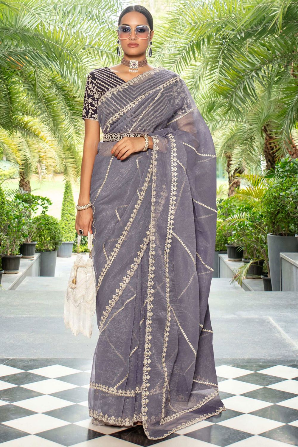 Lavender Grey Organza Saree with Embroidered Blouse for Party