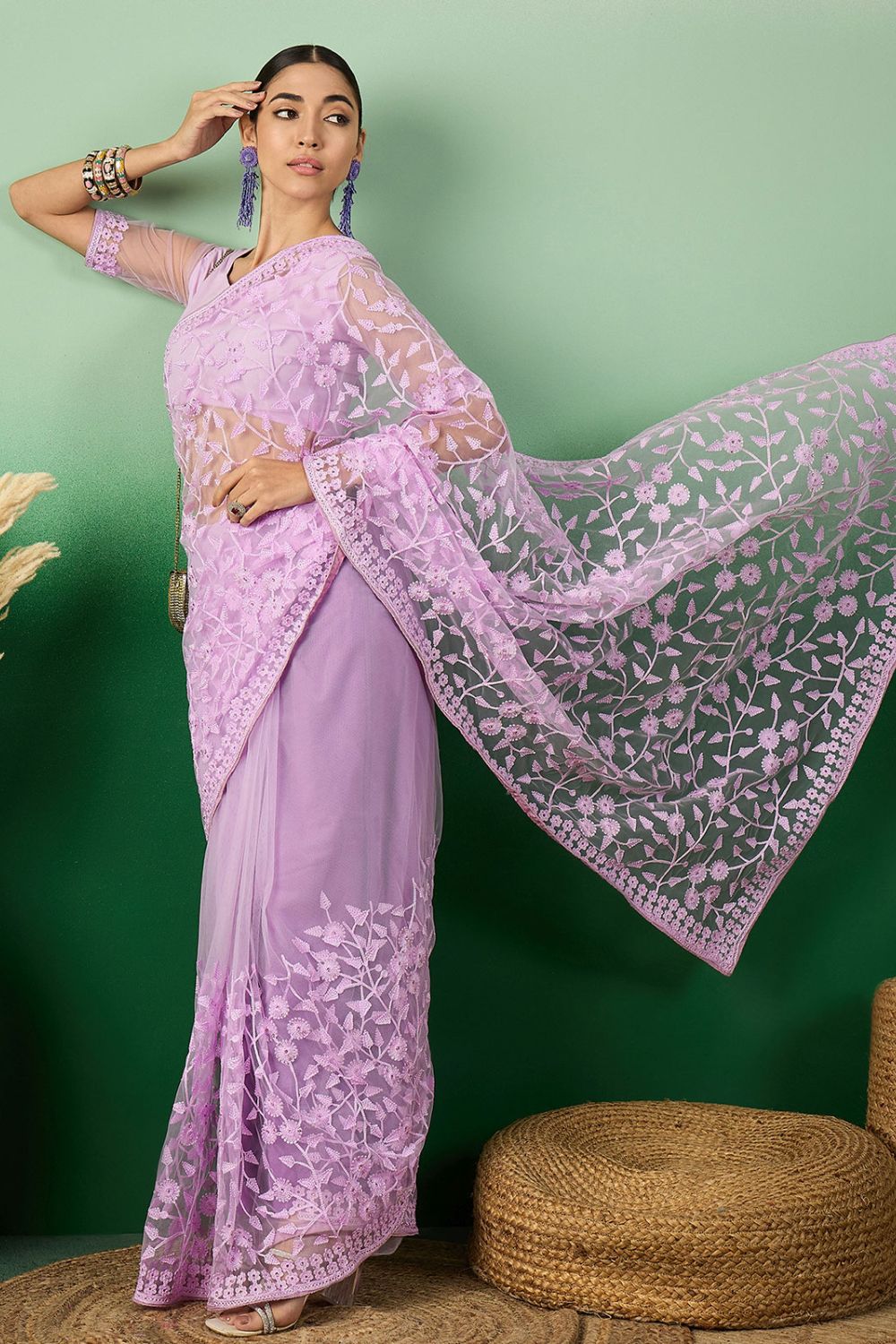 Lavender Net Embroidered Saree for Party