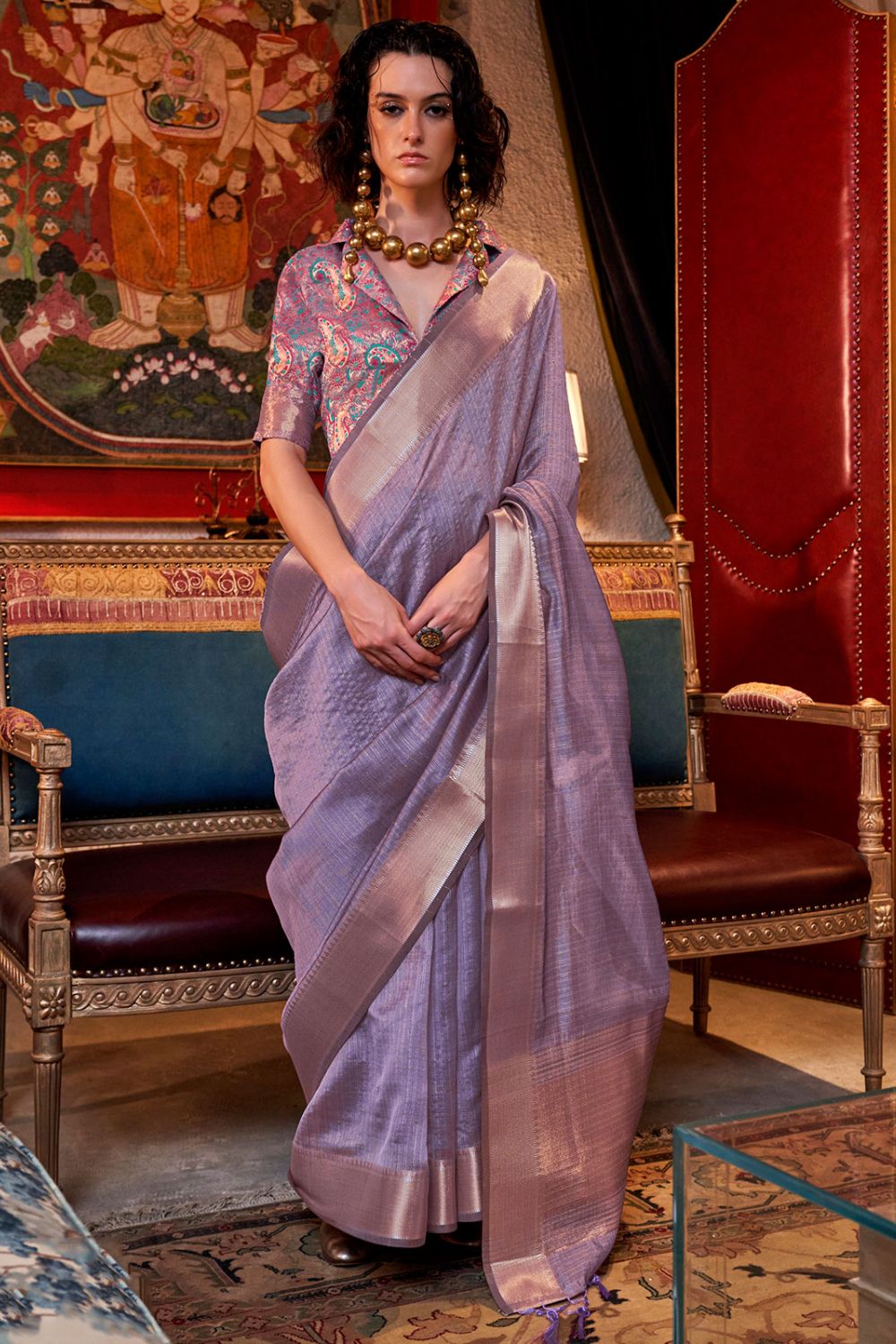 Lavender Woven Moss Chiffon Party Wear Saree