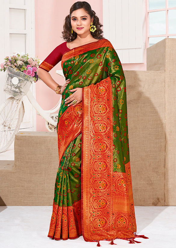 Leaf Green Woven Kanjivaram Silk Saree for Festival